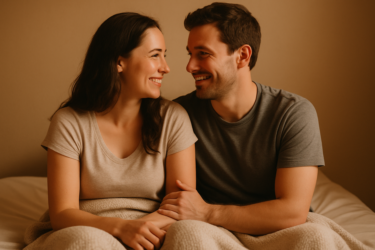 A couple sitting closely on a bed, smiling affectionately at each other, partially covered by a blanket in a softly lit, warm-toned room.