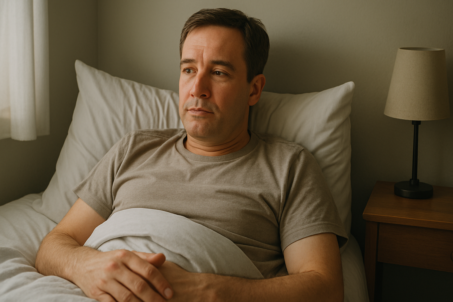 A man in his 40s wearing a beige t-shirt lies in bed propped against white pillows, looking reflective. A bedside table with a lamp is visible next to him.