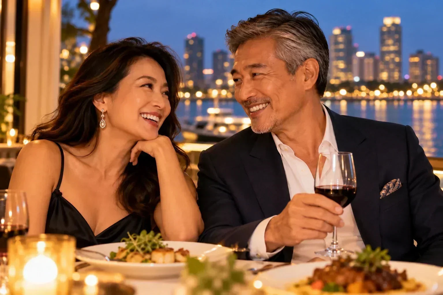 Smiling couple sharing a candlelit dinner at a waterfront restaurant with a city skyline at night