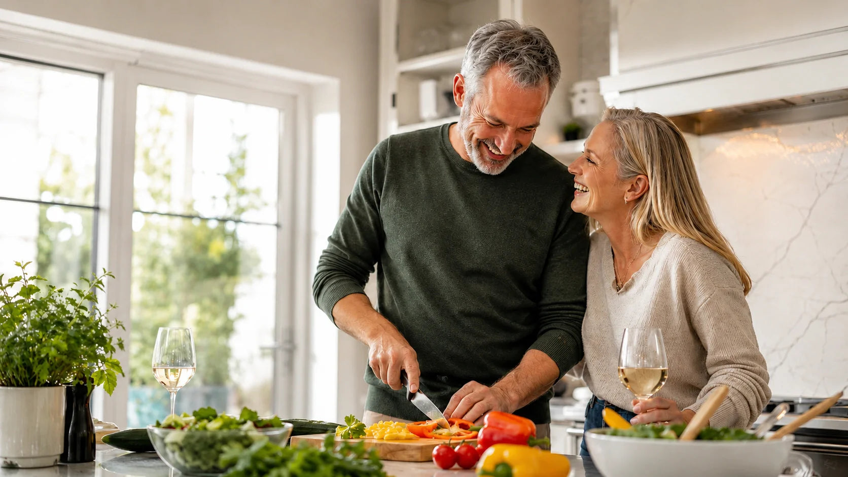 Middle-aged couple laughing together while preparing a healthy meal in a bright kitchen.