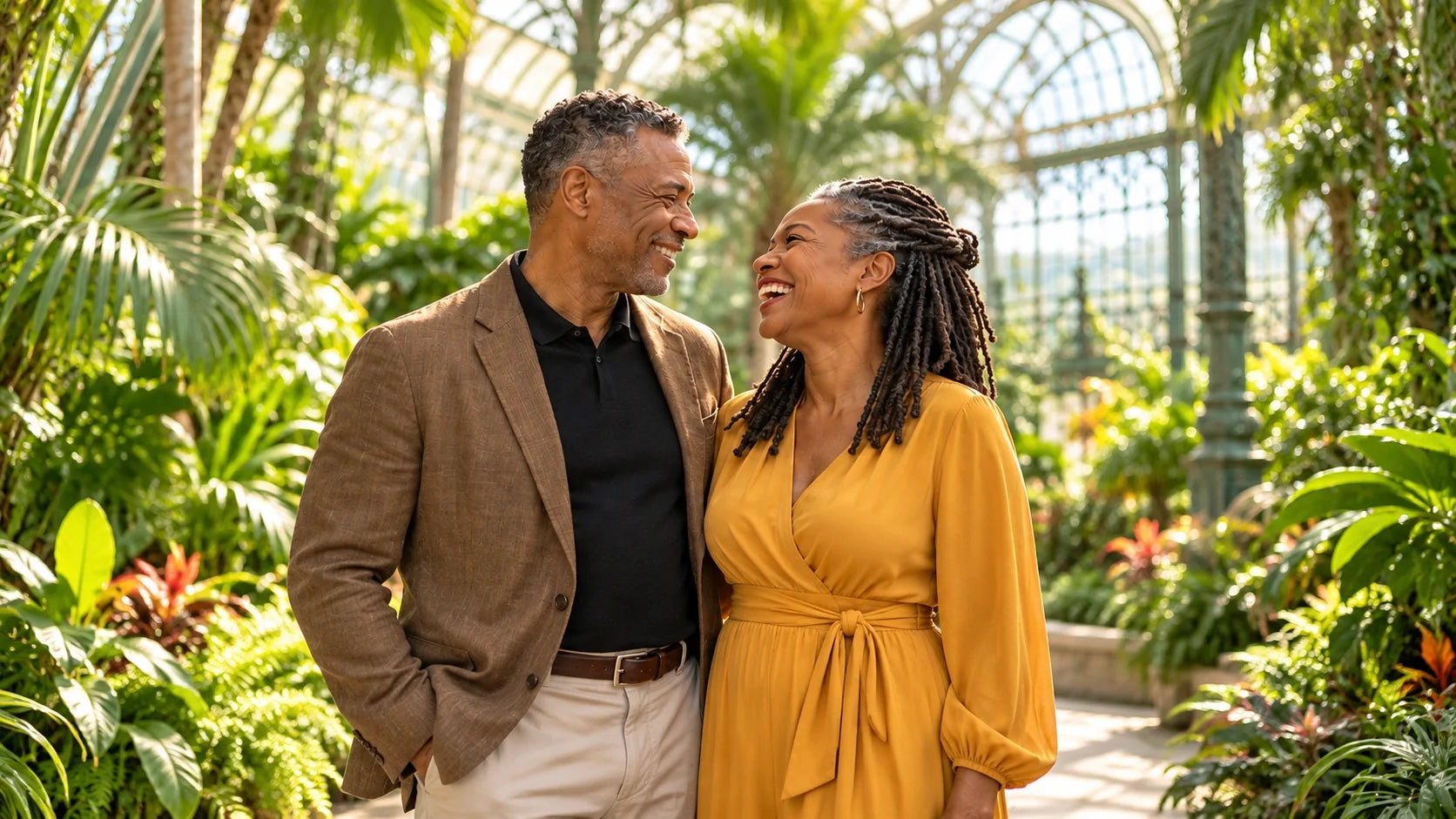 Smiling couple in their early 60s laughing together among tall palms in a sunlit botanical glasshouse