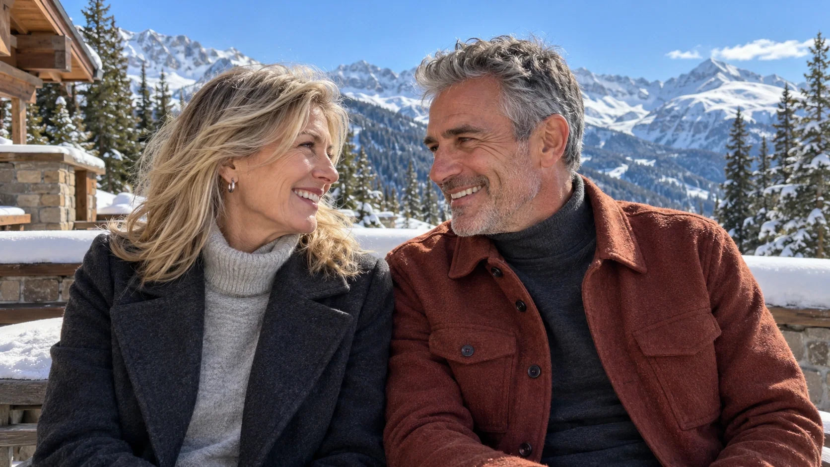 Couple in their early 60s smiling at each other on a snowy mountain lodge terrace on a sunny winter day