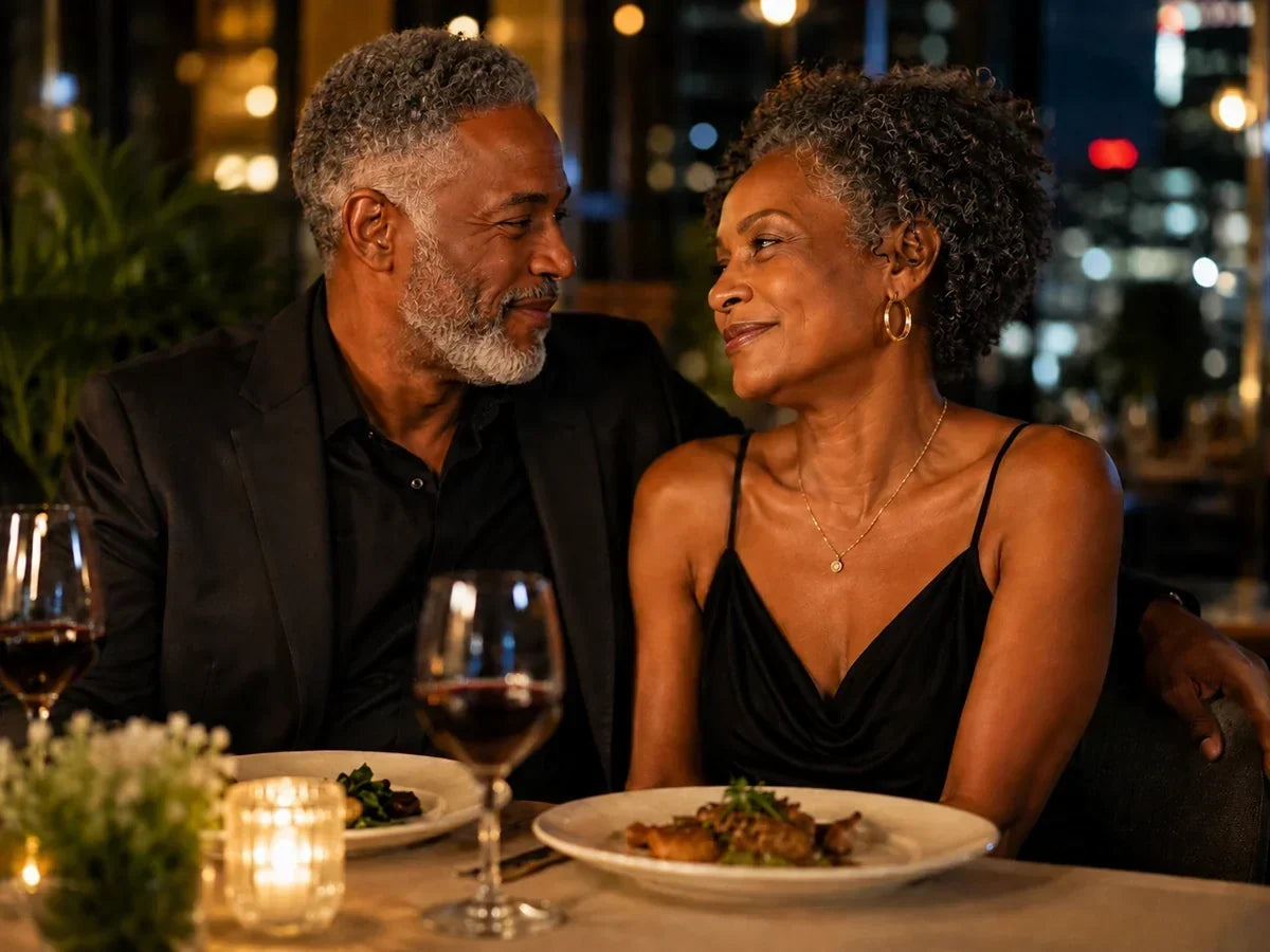 A couple enjoying an evening together at a fancy restaurant.