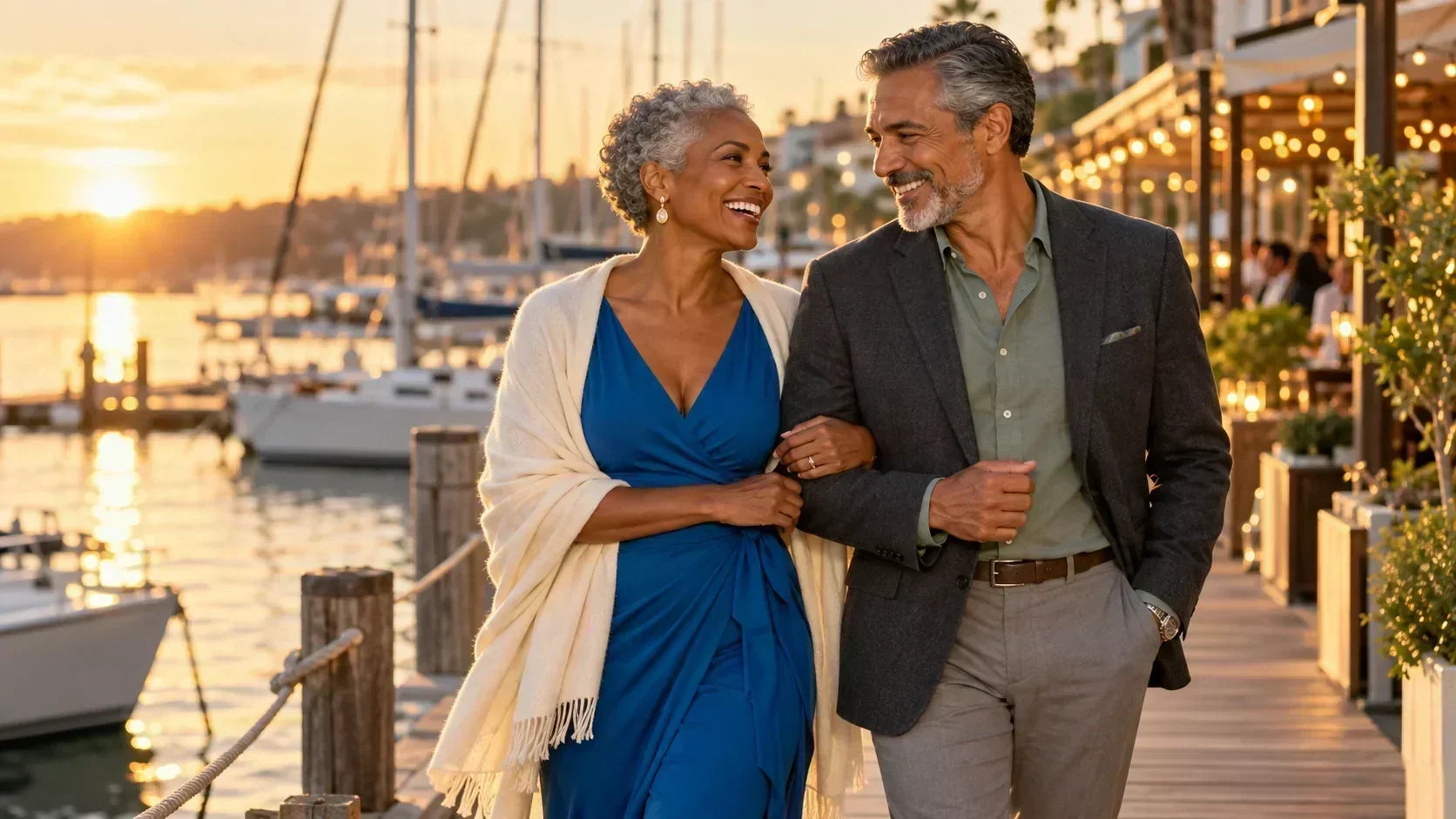 Smiling couple in their 60s walking arm in arm along a marina boardwalk at sunset, dressed for an evening out