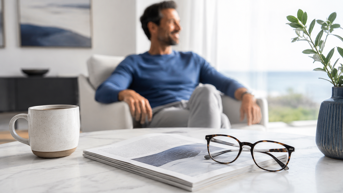 Man in a blue shirt relaxing with a magazine and coffee in a bright apartment