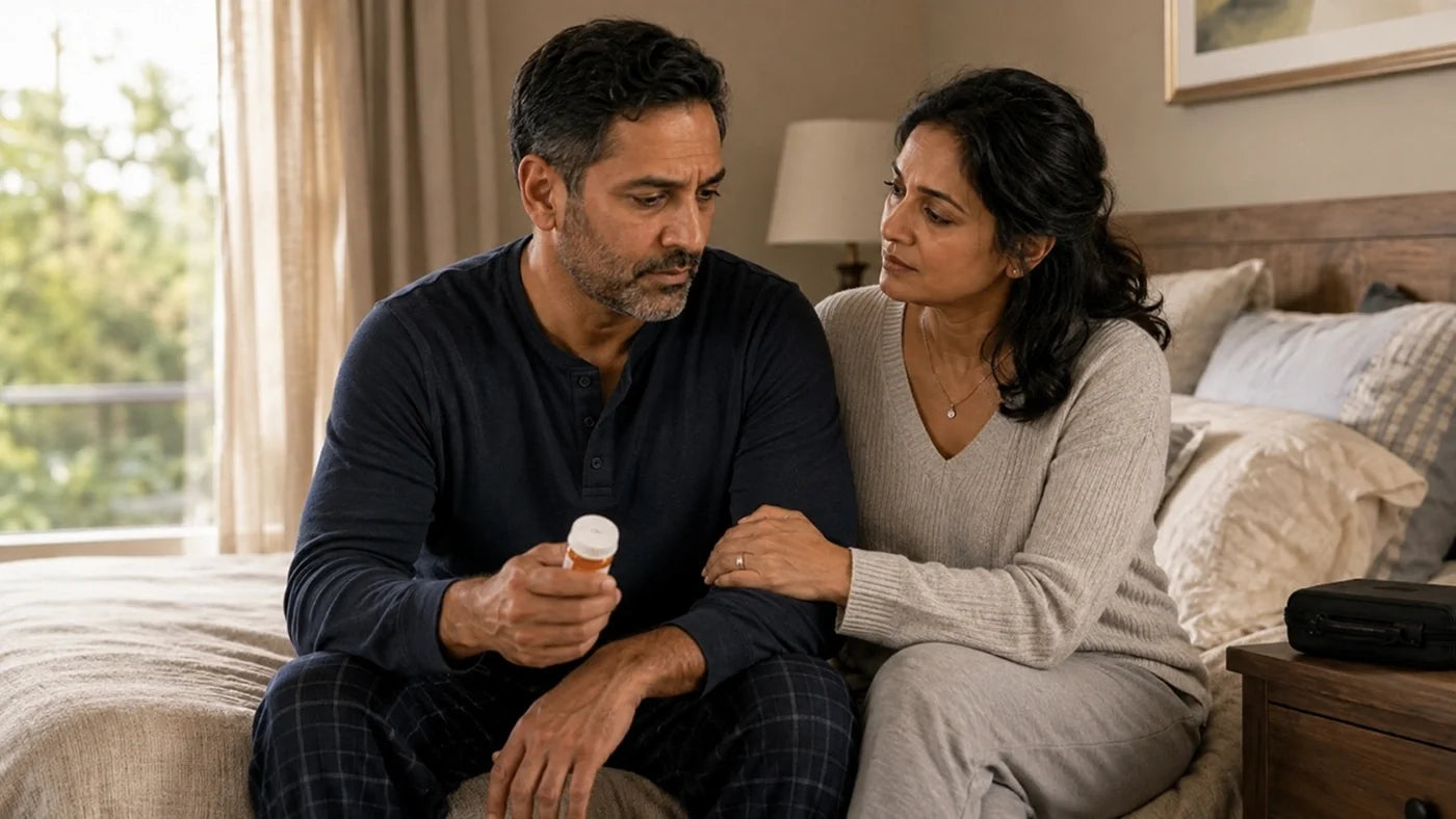 A married couple discussing ED medication alternatives.