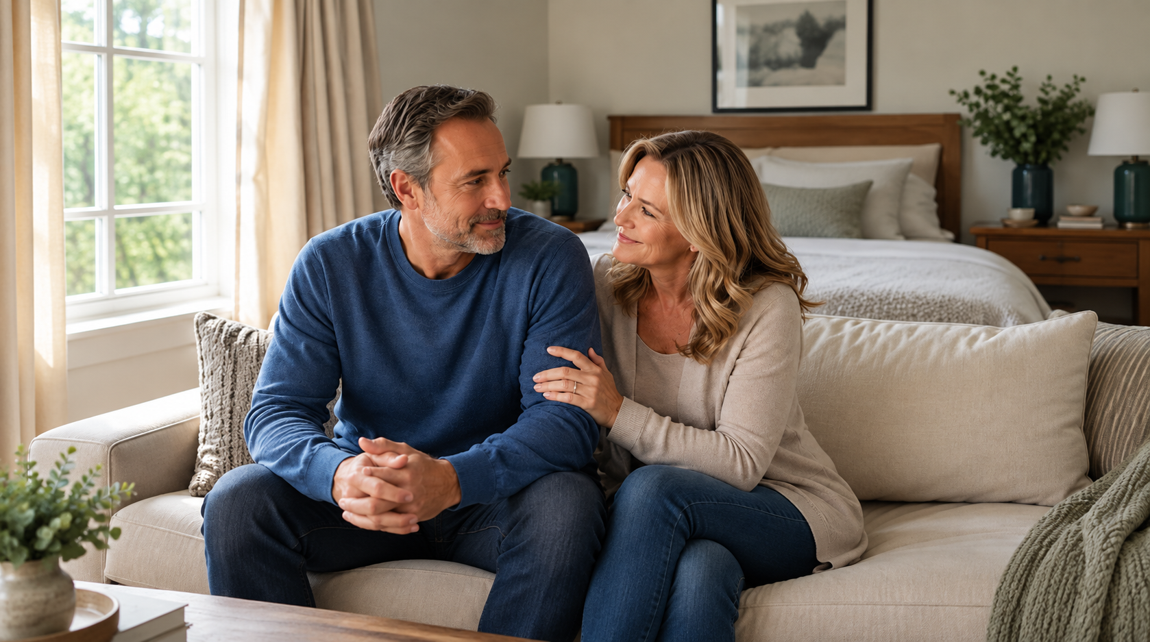 Mature couple sitting closely together on a neutral sofa in a bright bedroom, sharing a calm, supportive conversation in soft natural light.
