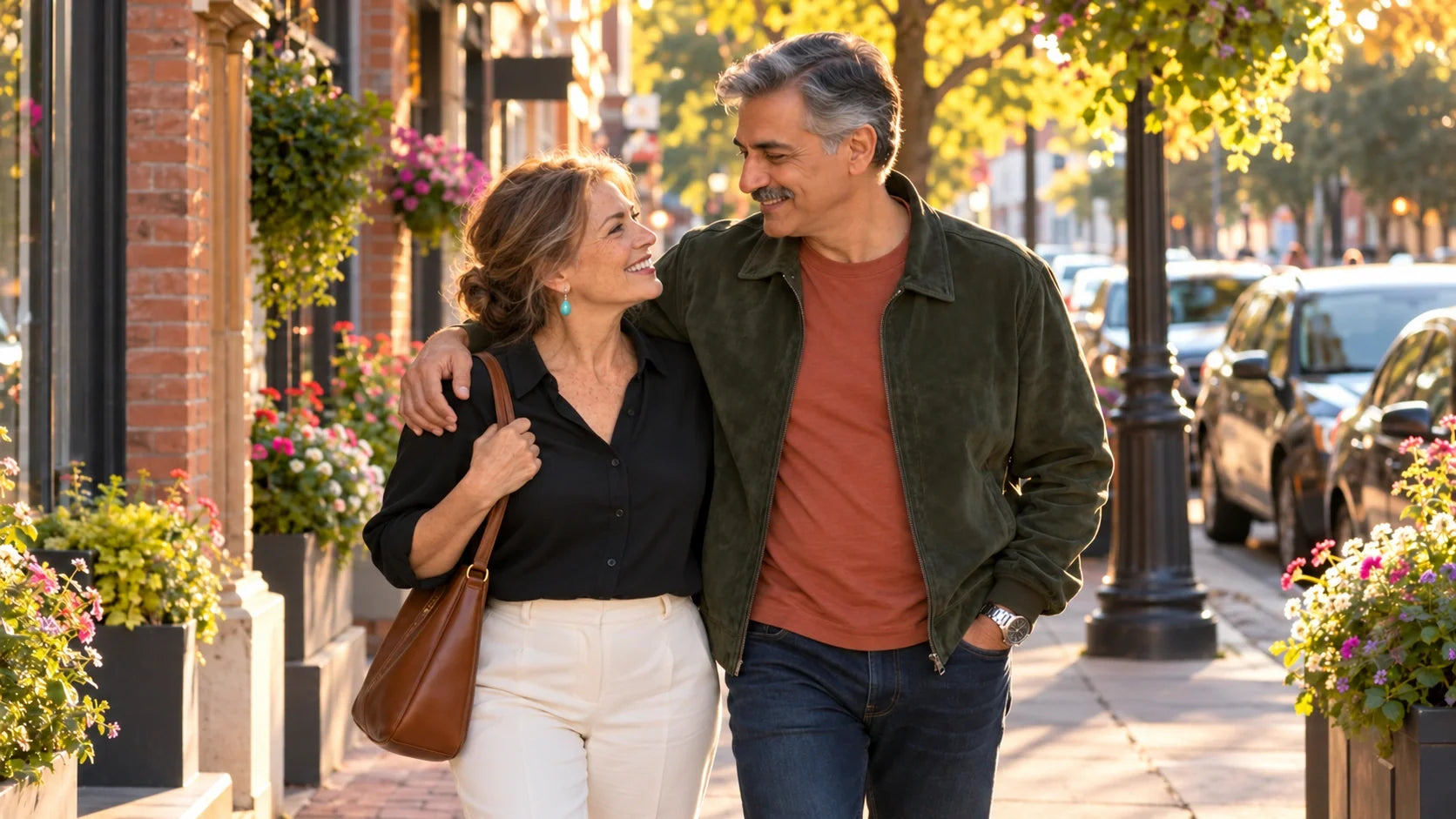 Couple in their early 60s smiling at each other as they walk down a small-town shopping street