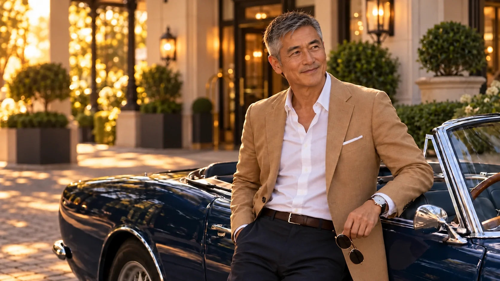 Smiling man in his 60s in a camel blazer leaning on a navy classic convertible outside a boutique hotel entrance
