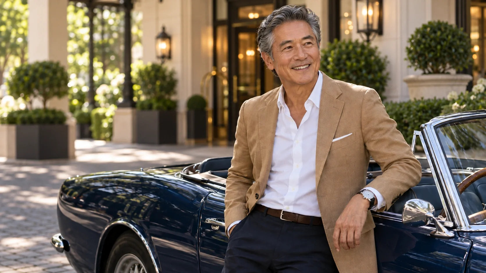 Smiling man in his 60s in a camel blazer leaning on a navy classic convertible outside a boutique hotel entrance
